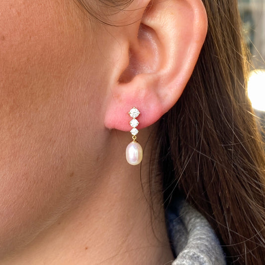 9ct Gold CZ & Pearl Drop Earrings - John Ross Jewellers