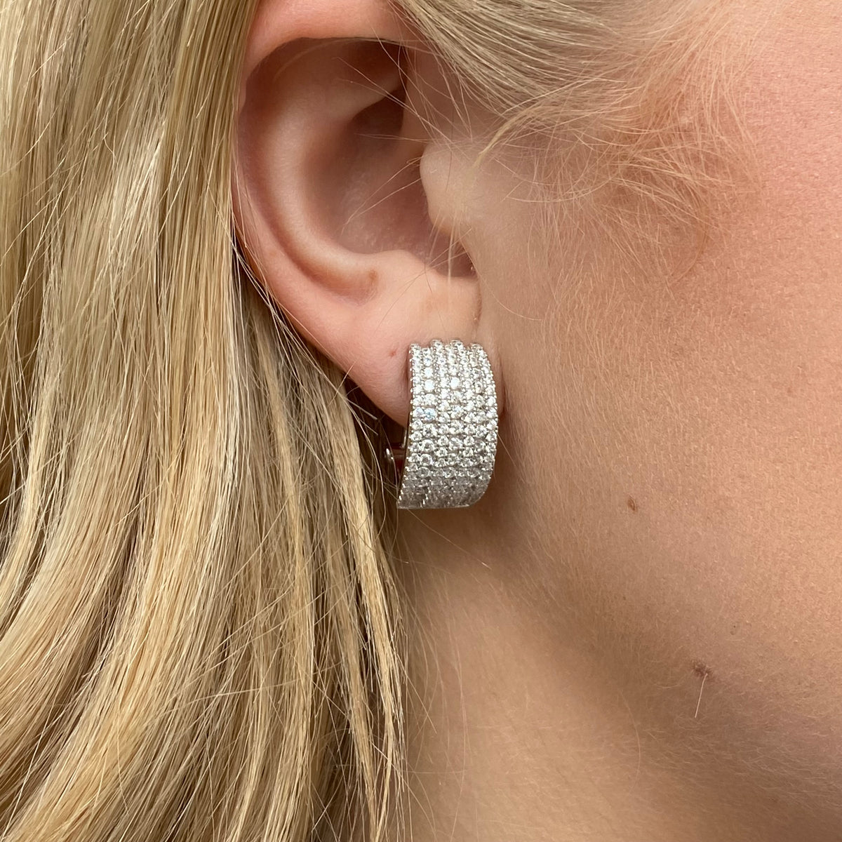 Silver CZ Ribbed J Hoop Earrings