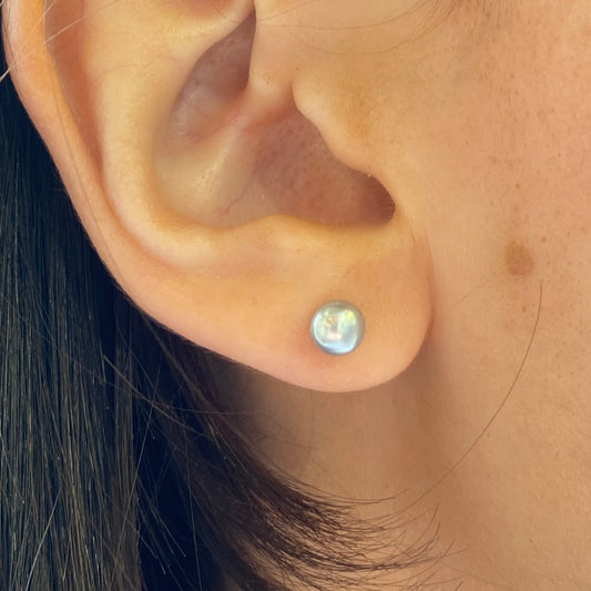 Silver 5mm freshwater pearl stud earrings with silver grey color from Insignia, showcasing elegant pearl jewelry.