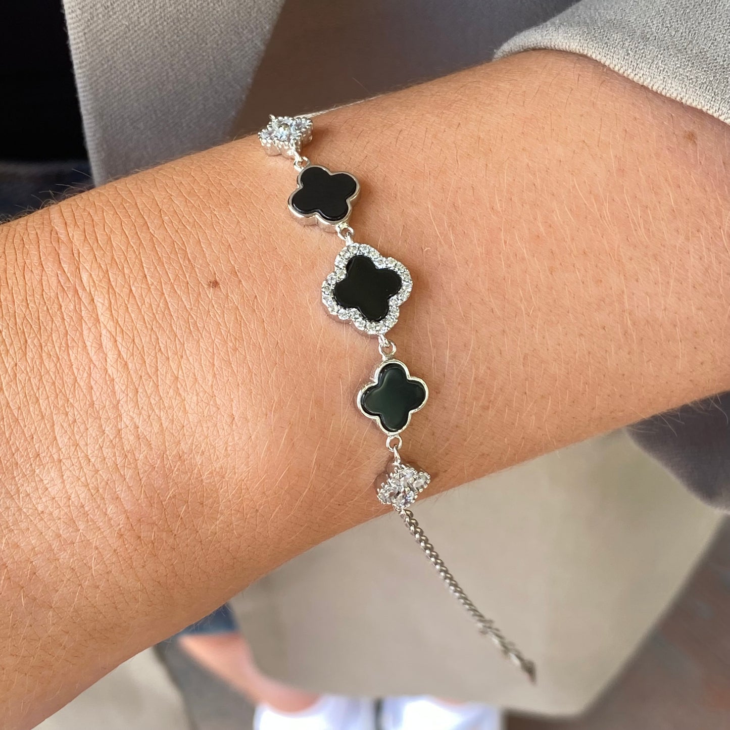 Silver CZ Bracelet | Onyx Quatrefoil