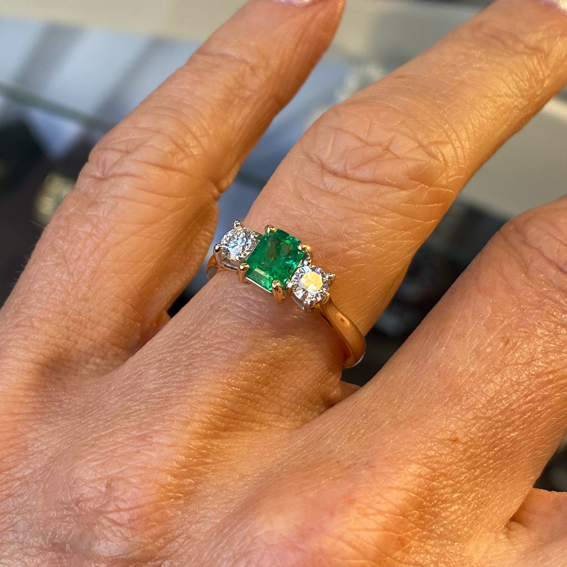 18ct Gold Emerald & Diamond Trilogy Ring - John Ross Jewellers