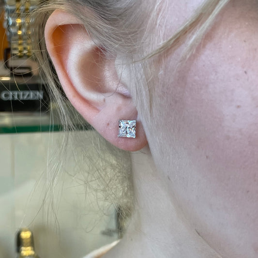 Silver 6mm Four Claw Princess CZ Stud Earrings