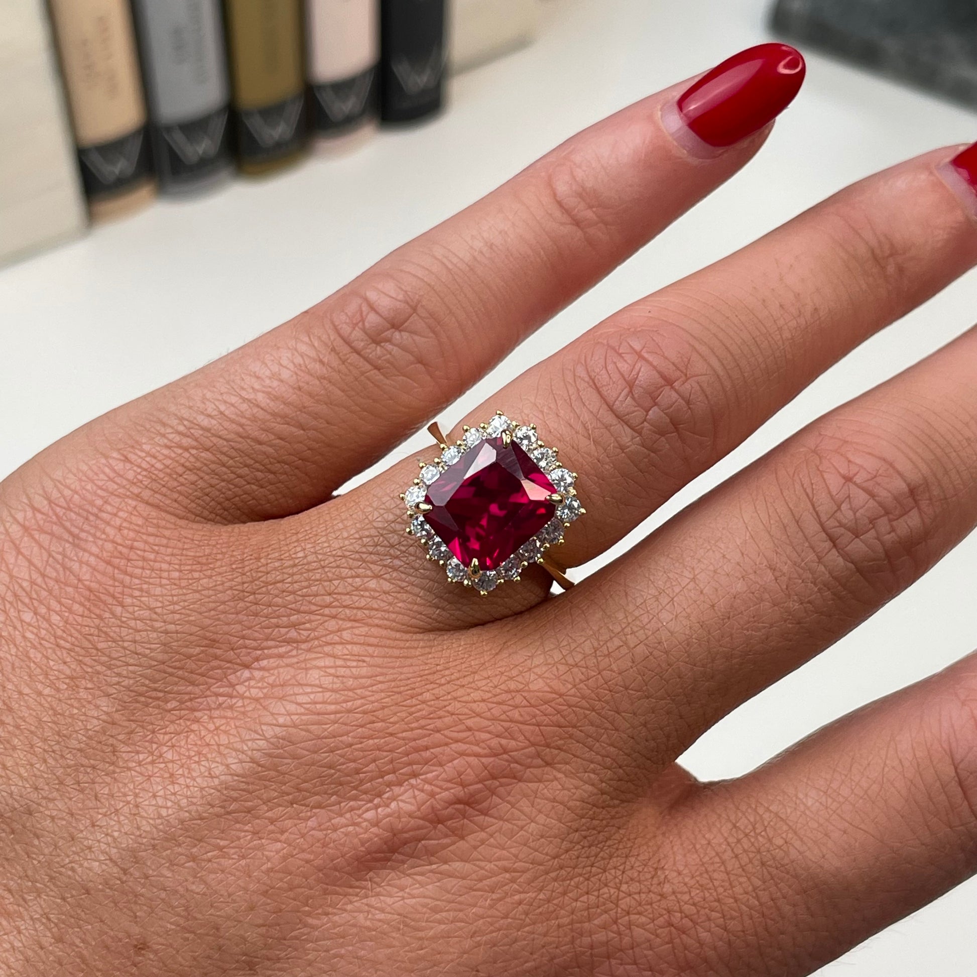 Sunshine Ruby Red CZ Emerald Cut Cluster Ring - John Ross Jewellers