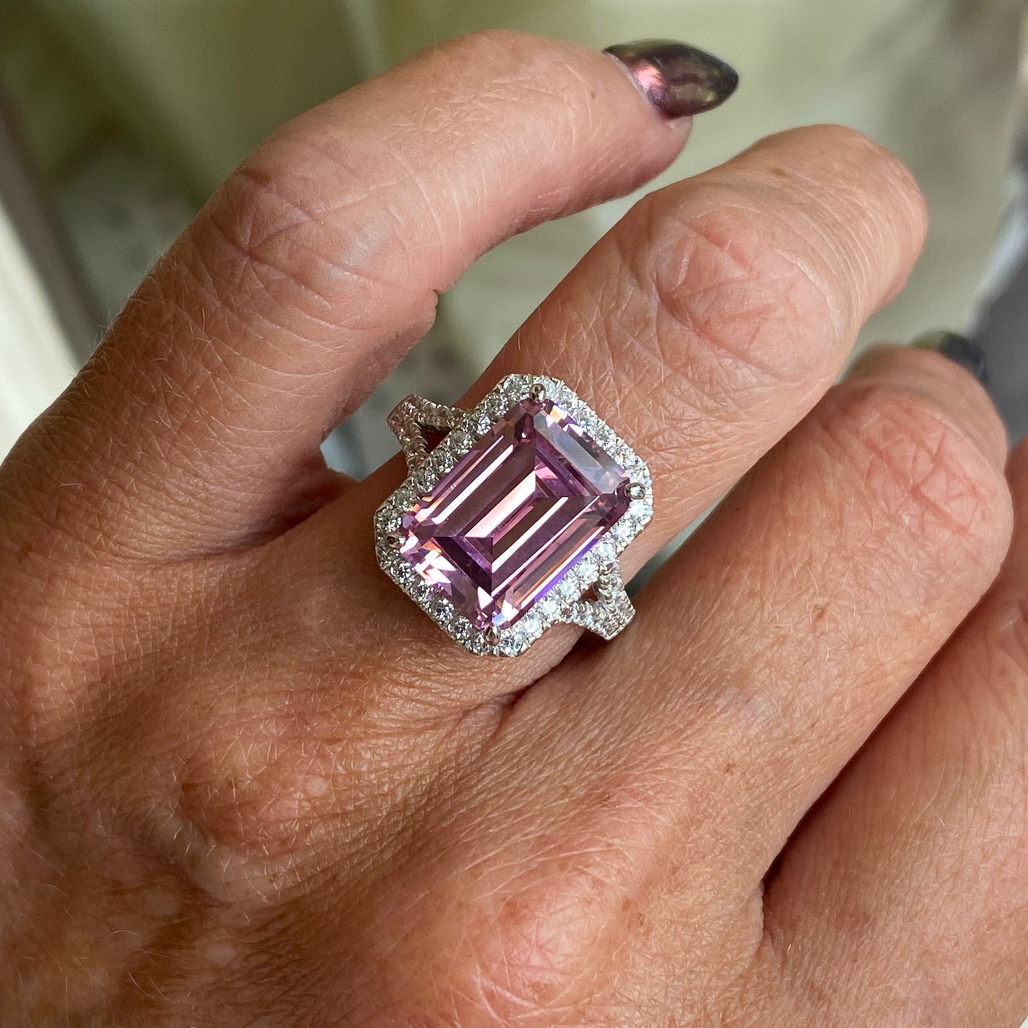 Silver Statement Emerald Cut Solitaire Ring | Baby Pink