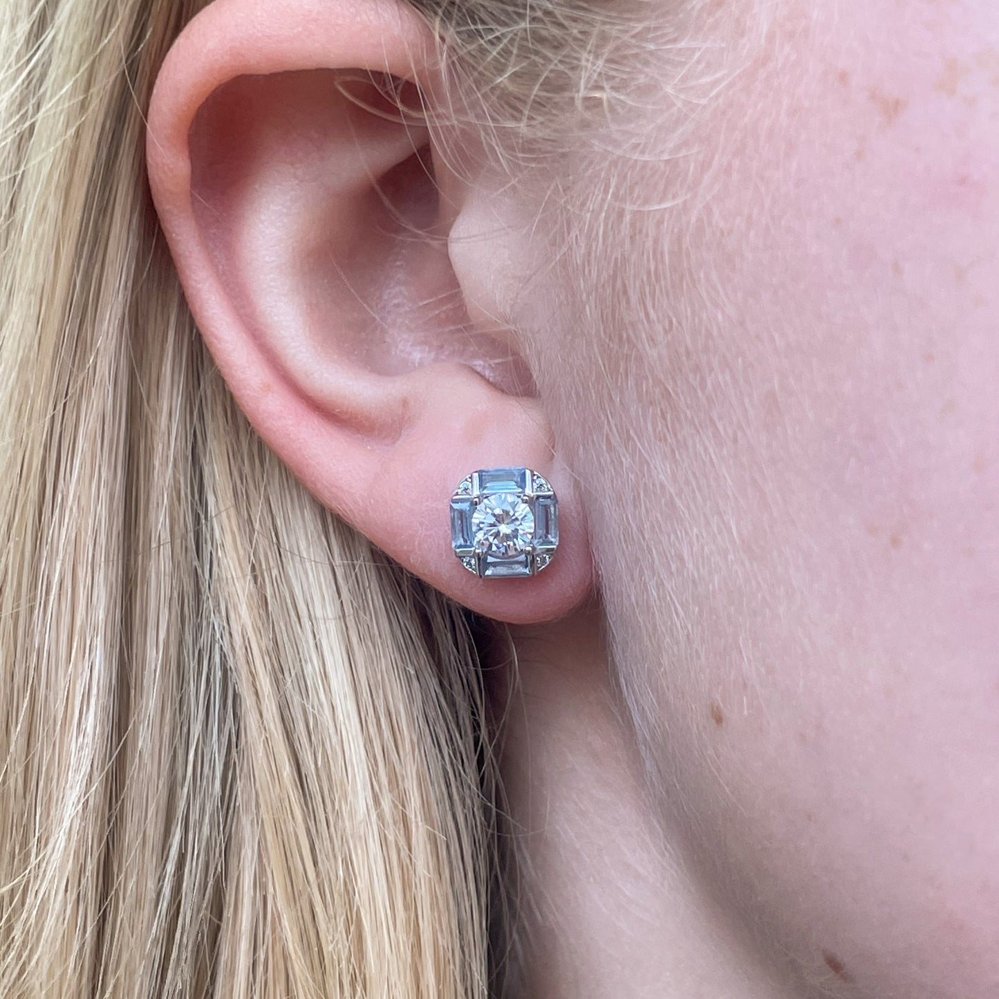 Silver Light Blue & CZ Cube Stud Earrings | C Flawless