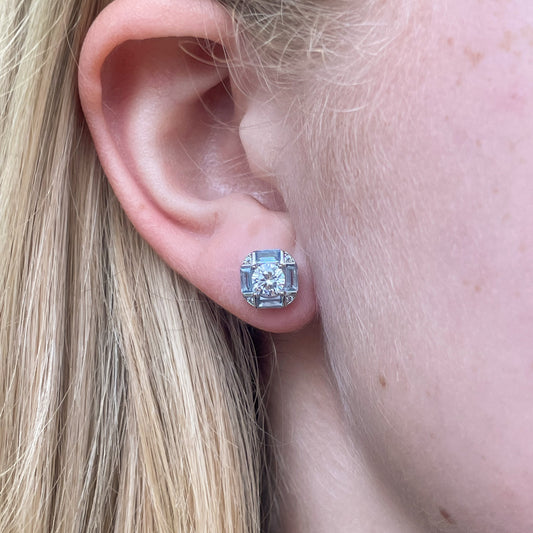 Silver Light Blue & CZ Cube Stud Earrings | C Flawless