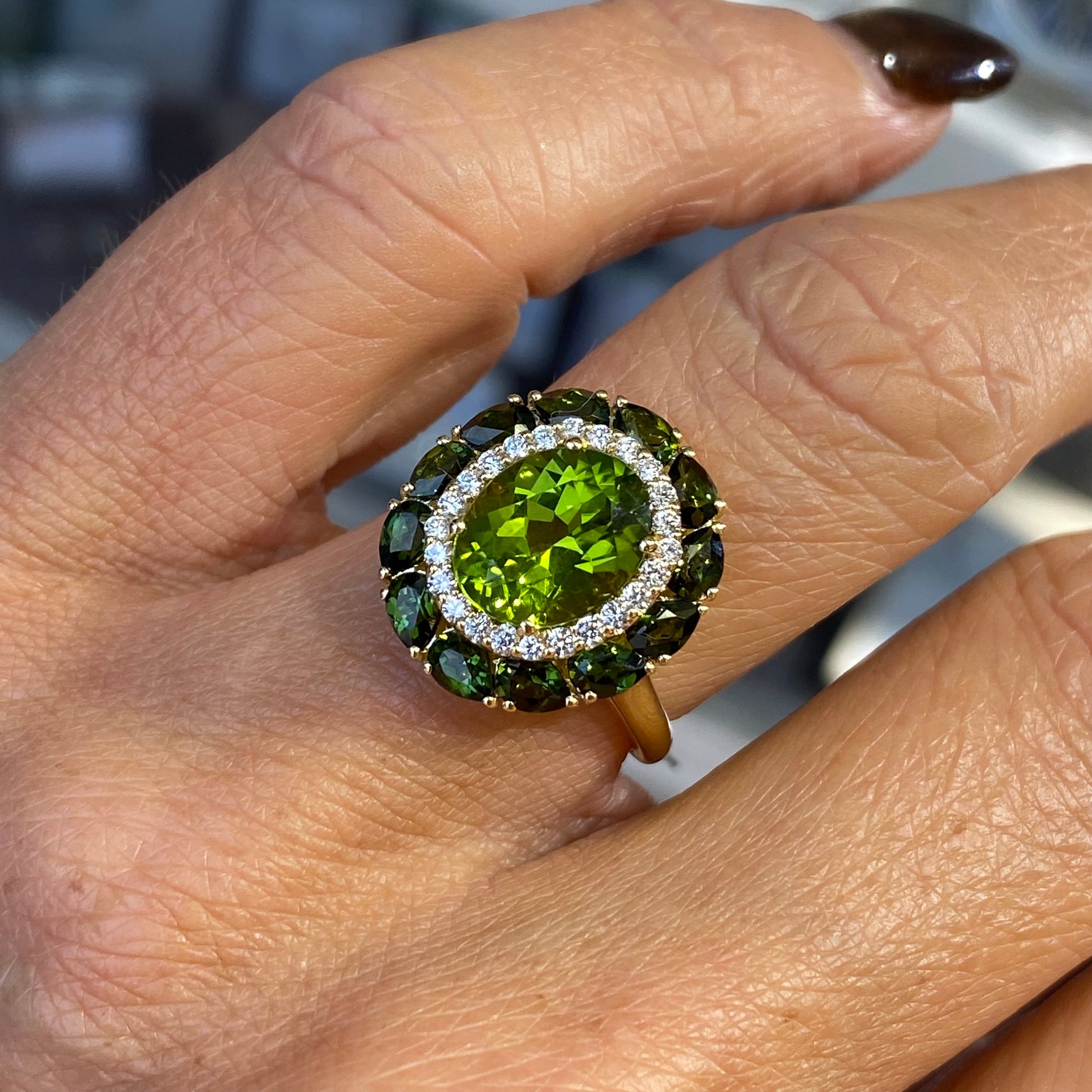 18ct Gold Peridot, Green Tourmaline & Diamond Ring - John Ross Jewellers