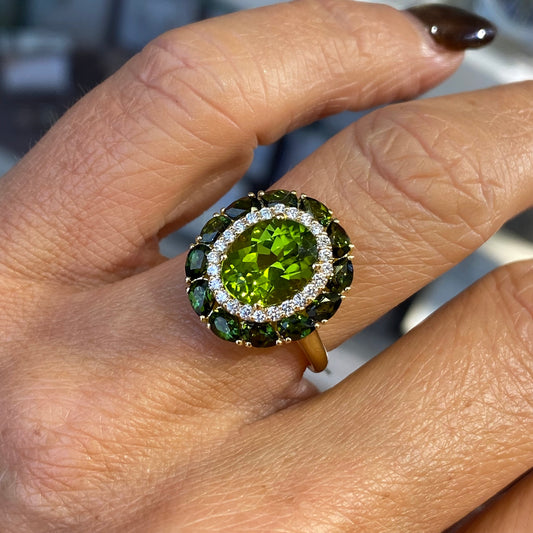 18ct Gold Peridot, Green Tourmaline & Diamond Ring - John Ross Jewellers