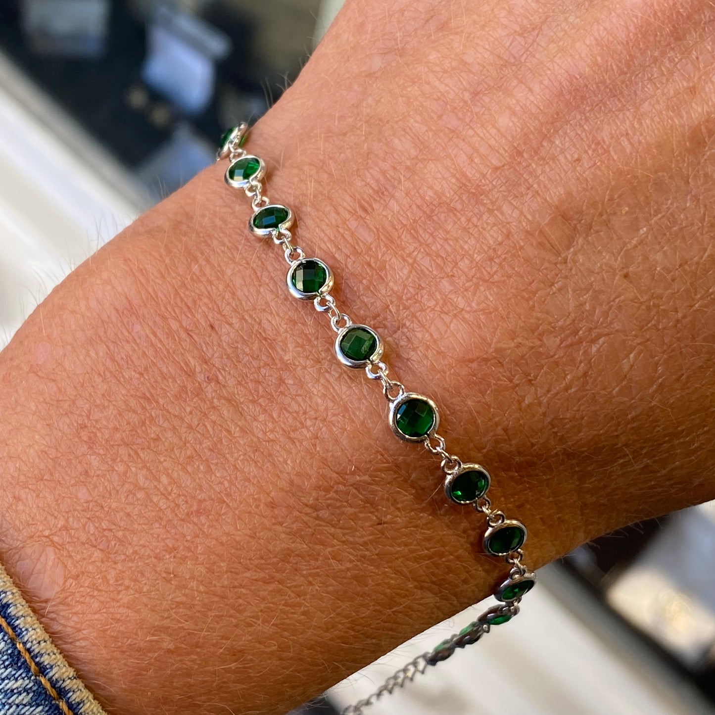 Silver Bezel Set Line Bracelet |Emerald Green