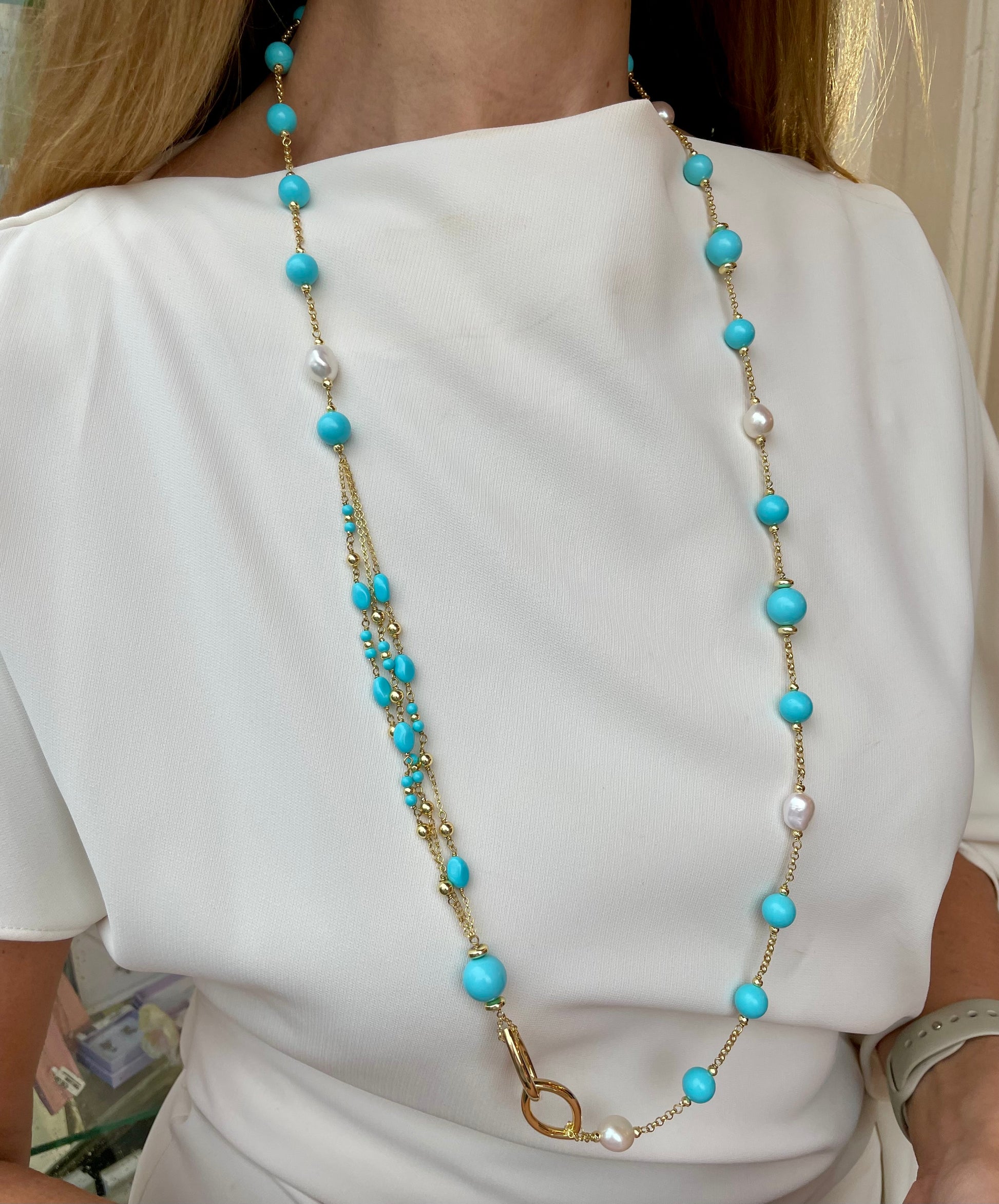 Baroque Long Necklace | Corfu | Turquoise & Pearl - John Ross Jewellers