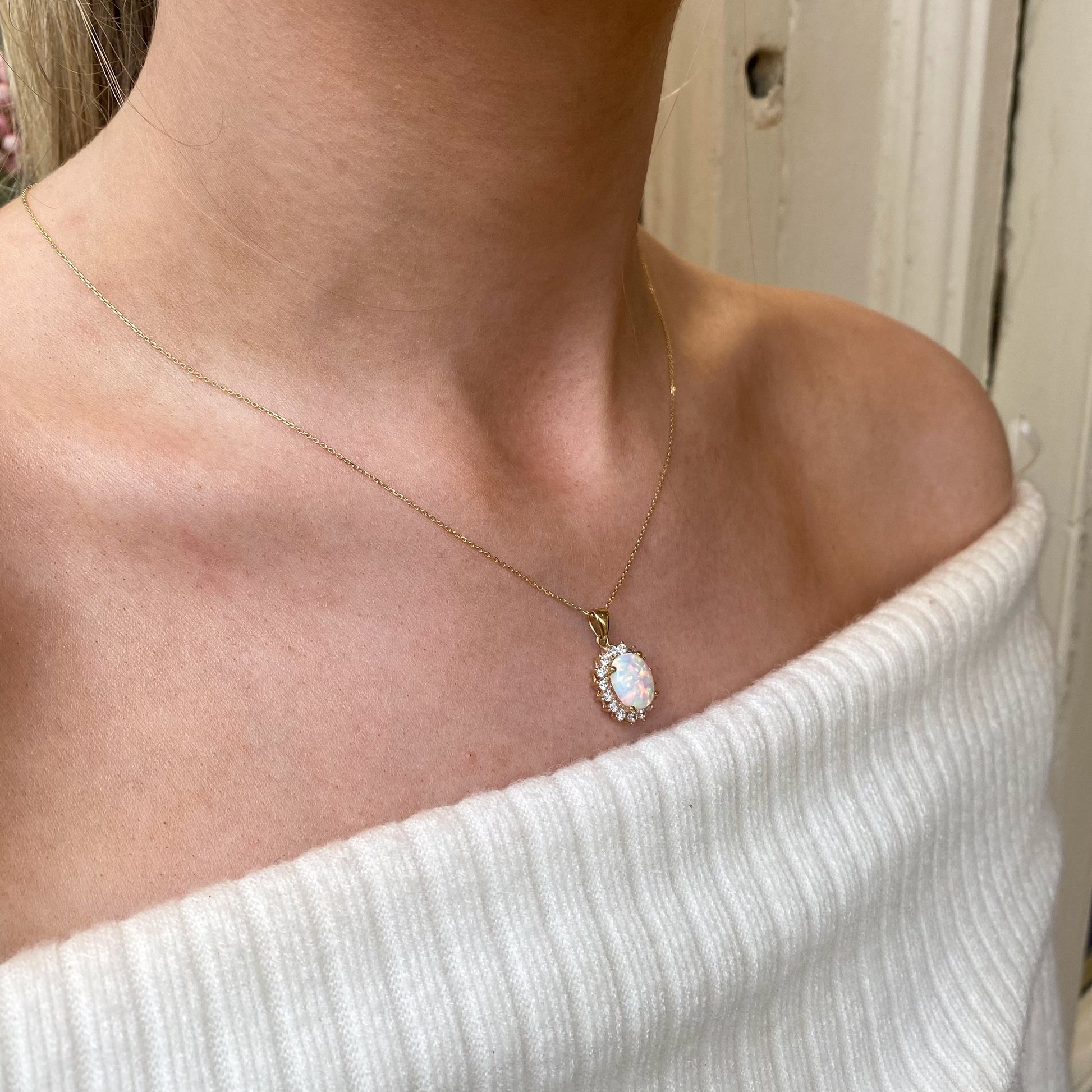 9ct Gold Oval Opalique & CZ Pendant Necklace - John Ross Jewellers