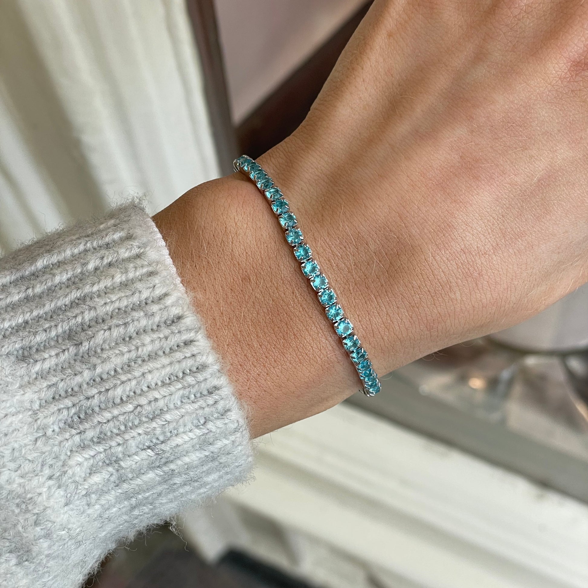 Silver Blue Topaz 3mm CZ Tennis Bracelet | 16+3cm - John Ross Jewellers