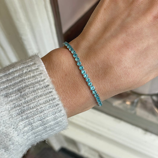 Silver Blue Topaz 3mm CZ Tennis Bracelet | 16+3cm - John Ross Jewellers
