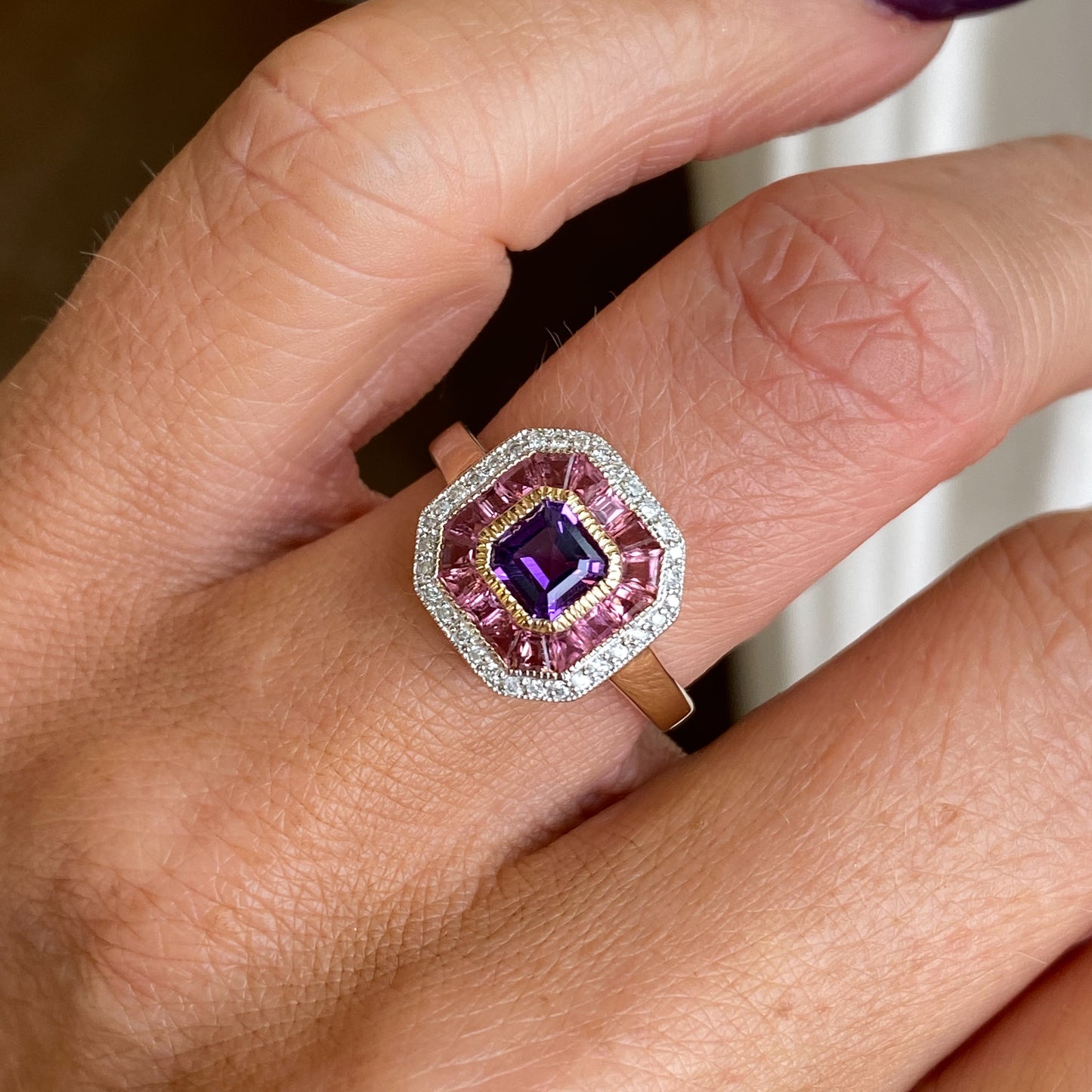 9ct Gold Amethyst, Pink Tourmaline & Diamond Ring