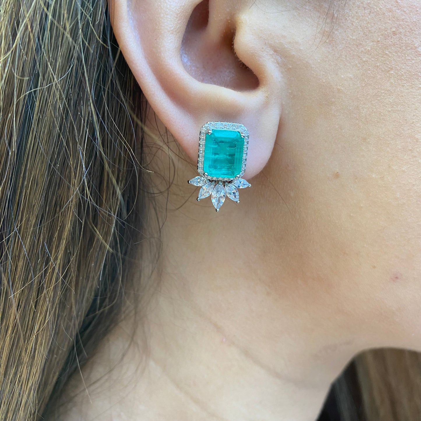 Silver Emerald Cut Green CZ Stud Earrings