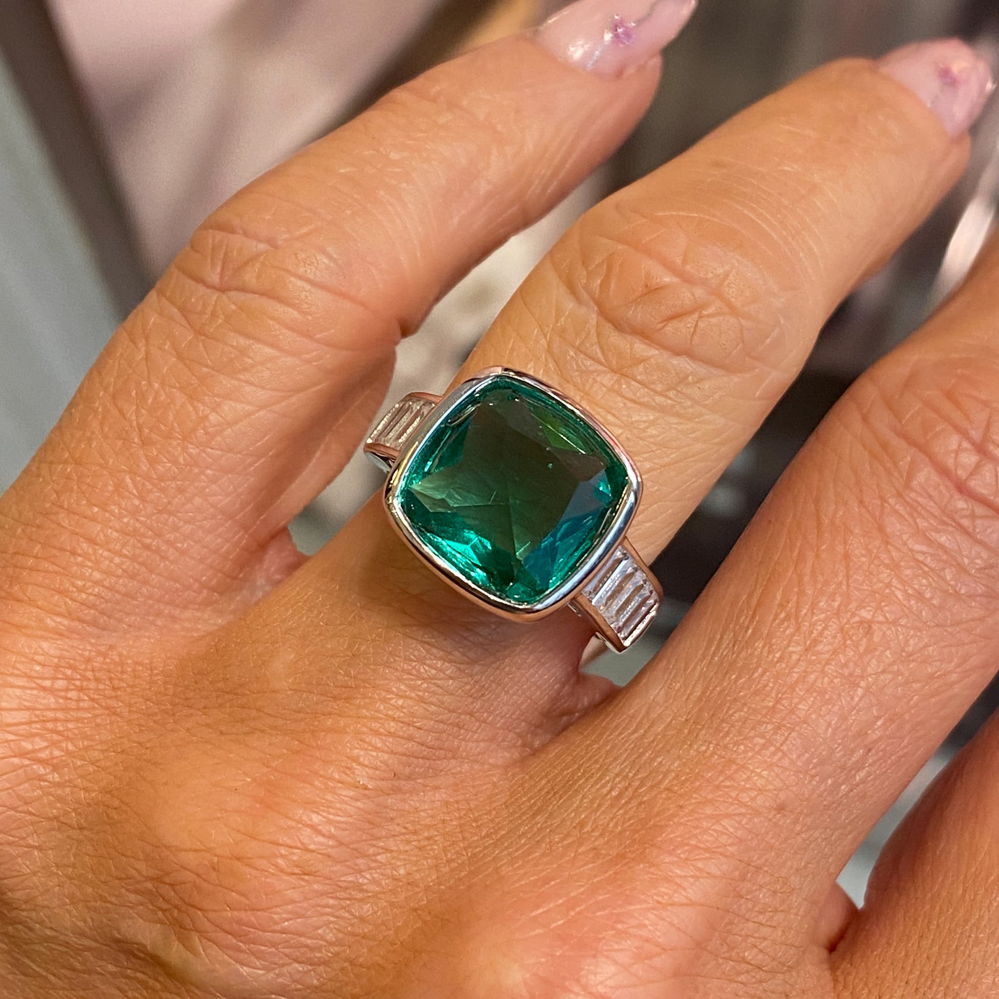 Silver Aqua CZ Cushion Ring - John Ross Jewellers