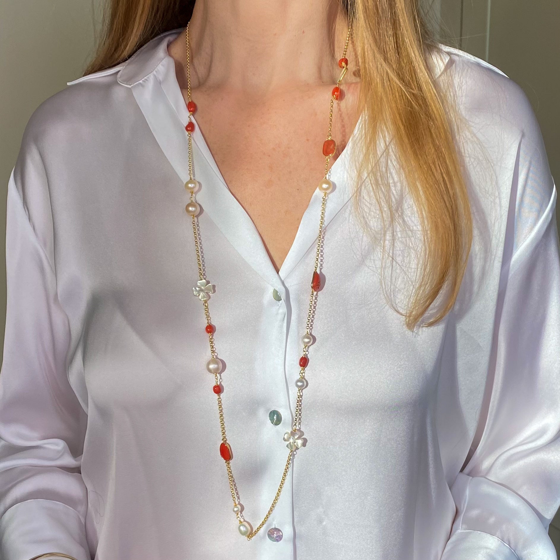 Natural Beauty - Mother of Pearl, Red Coral & Freshwater Pearl Necklace |100cm - John Ross Jewellers