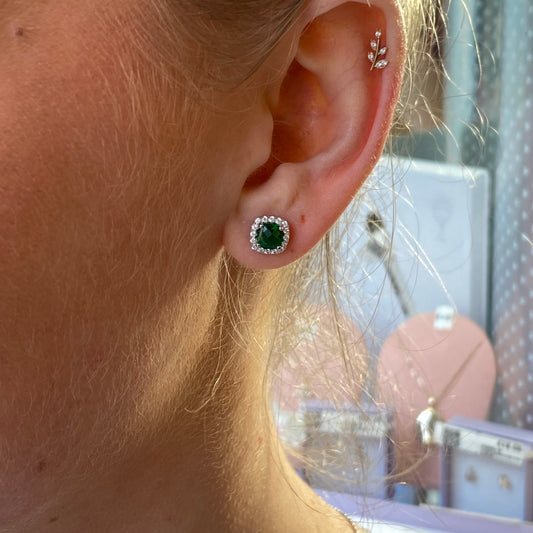 Silver Cushion Halo Stud Earrings | Emerald Green - John Ross Jewellers