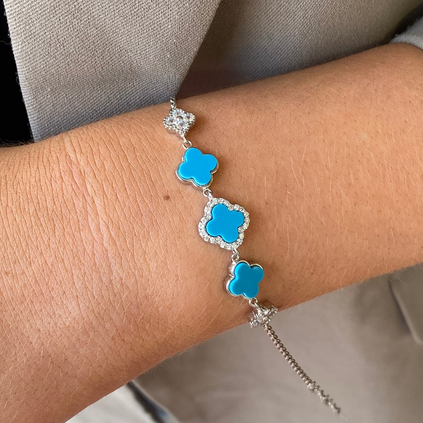 Silver CZ Bracelet | Turquoise Quatrefoil