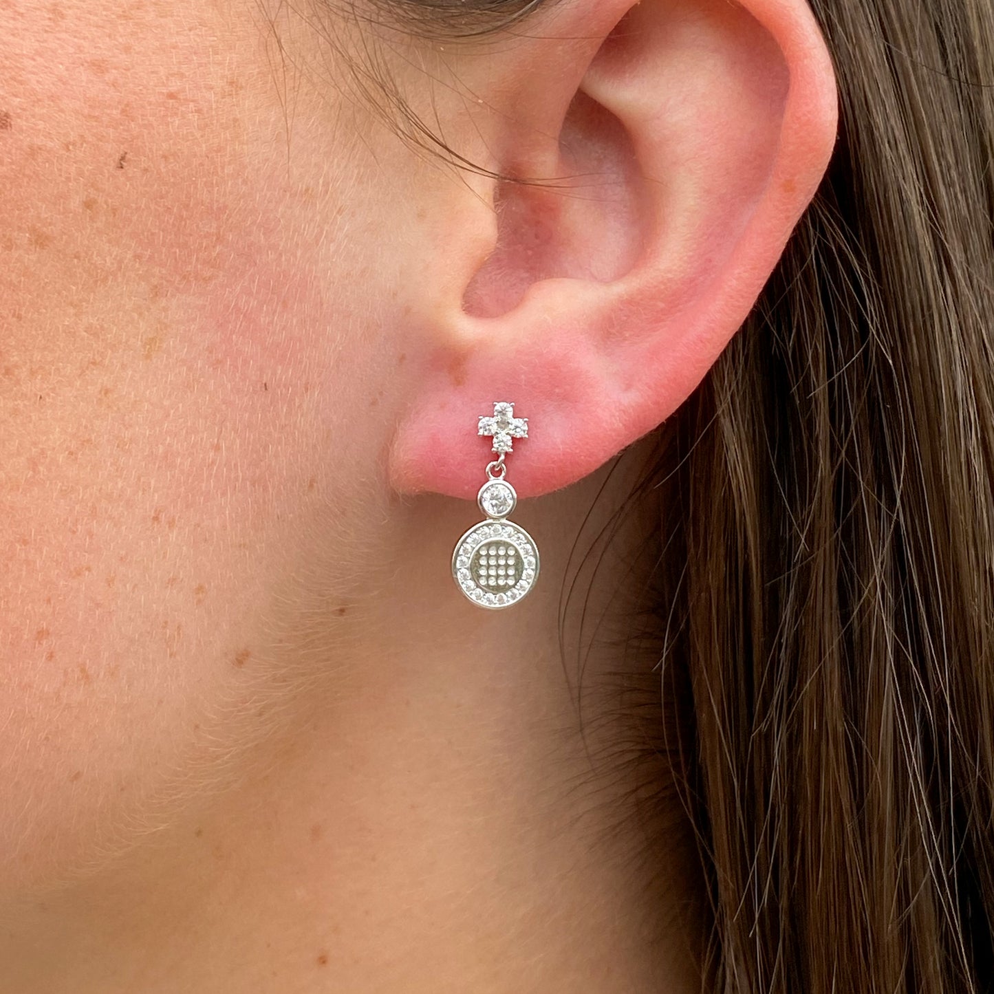 Silver CZ Button Drop Earrings