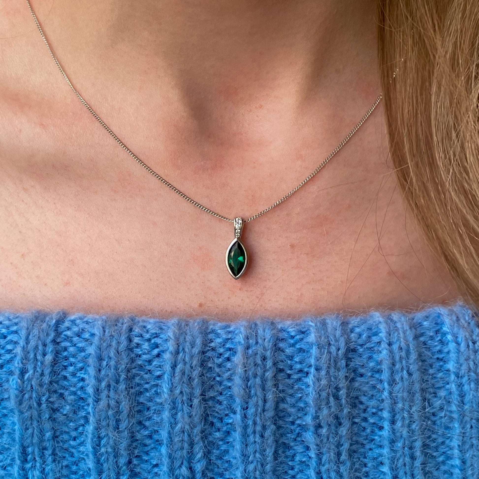 Silver Marquise CZ Necklace | Emerald Green - John Ross Jewellers