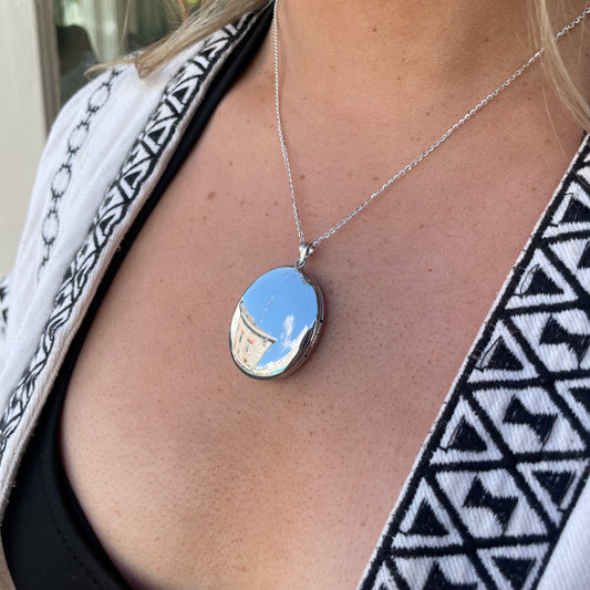 Silver Large Oval Locket and Chain