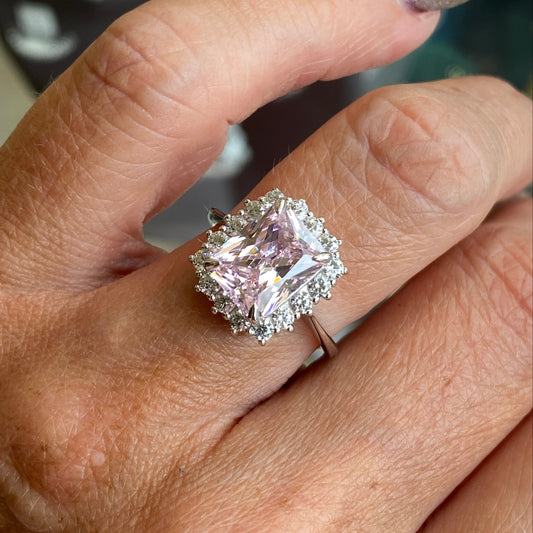 Silver Baby Pink CZ Emerald Cut Cluster Ring