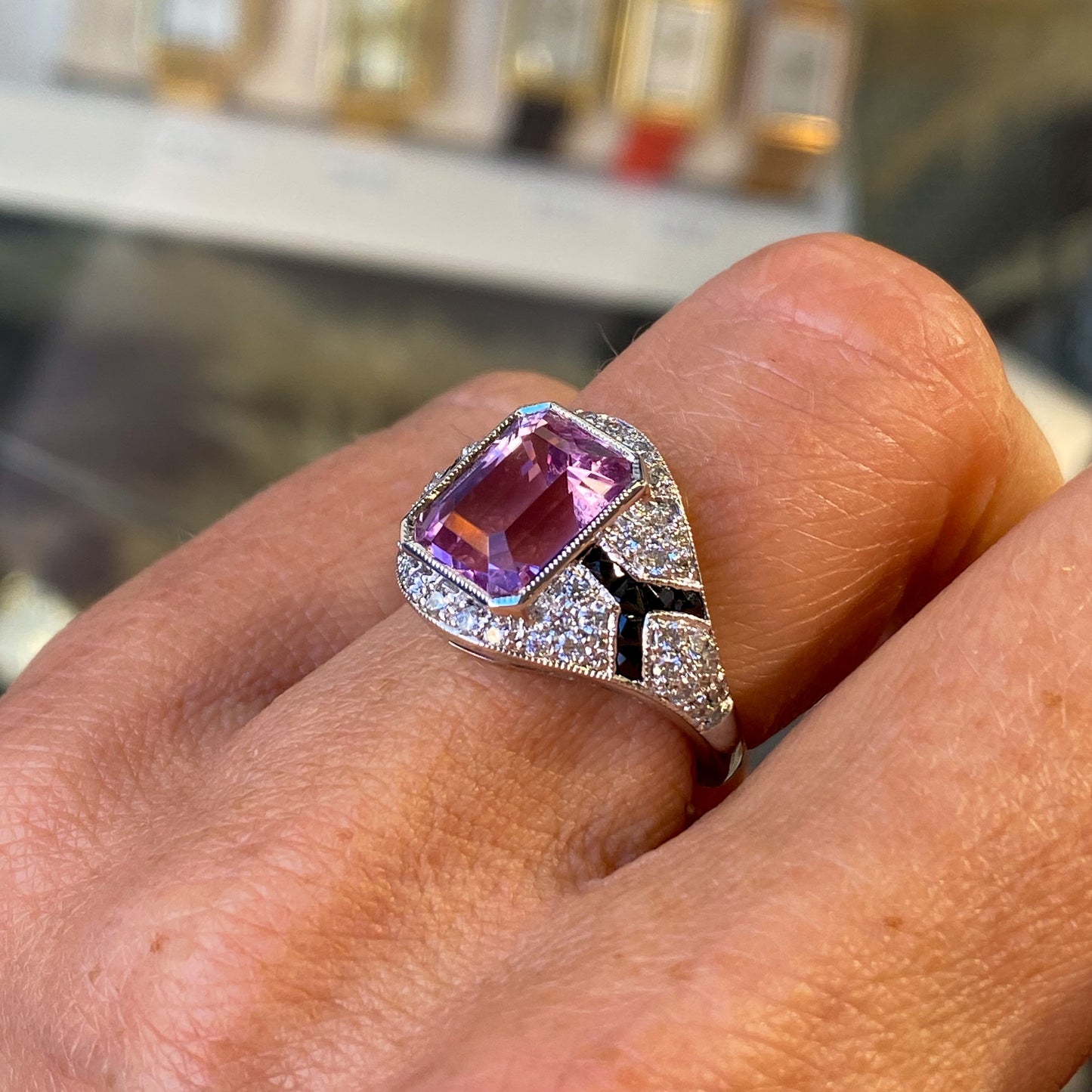 18ct White Gold Kunzite, Onyx & Diamond Ring - John Ross Jewellers