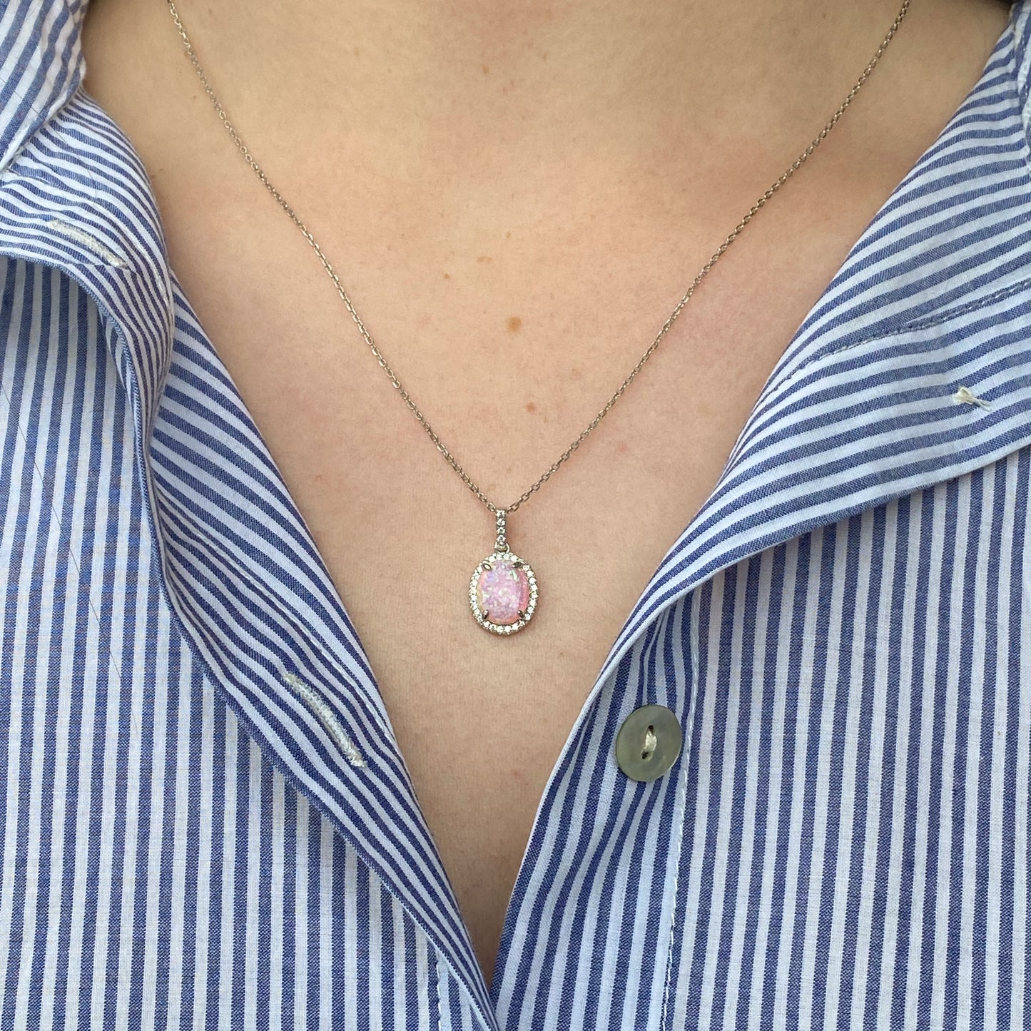 Silver Opalique & CZ Oval Necklace | Pink