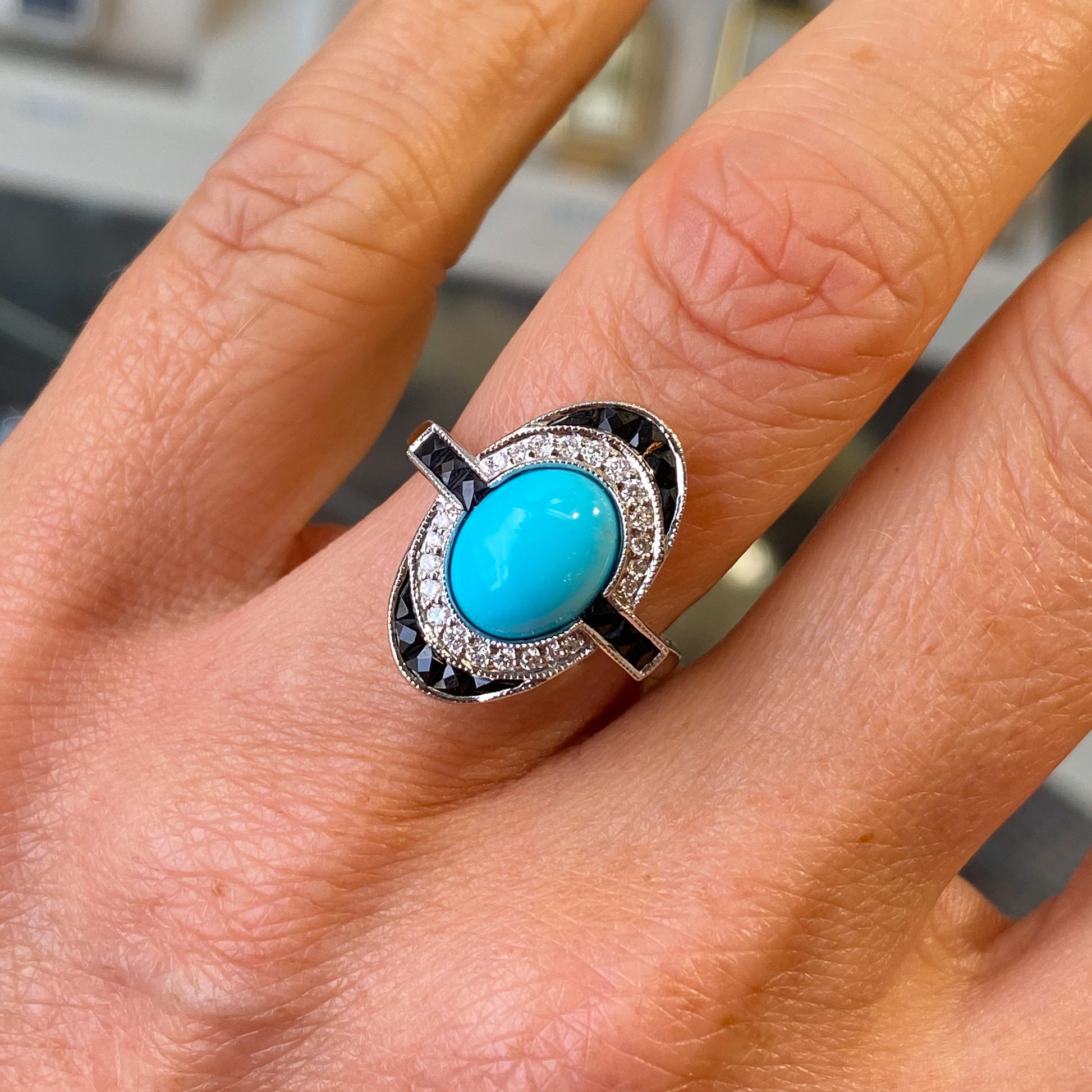 18ct White Gold Turquoise, Onyx & Diamond Ring - John Ross Jewellers