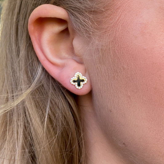 9ct Gold Black Enamel & CZ Alhambra Quatrefoil Stud Earrings