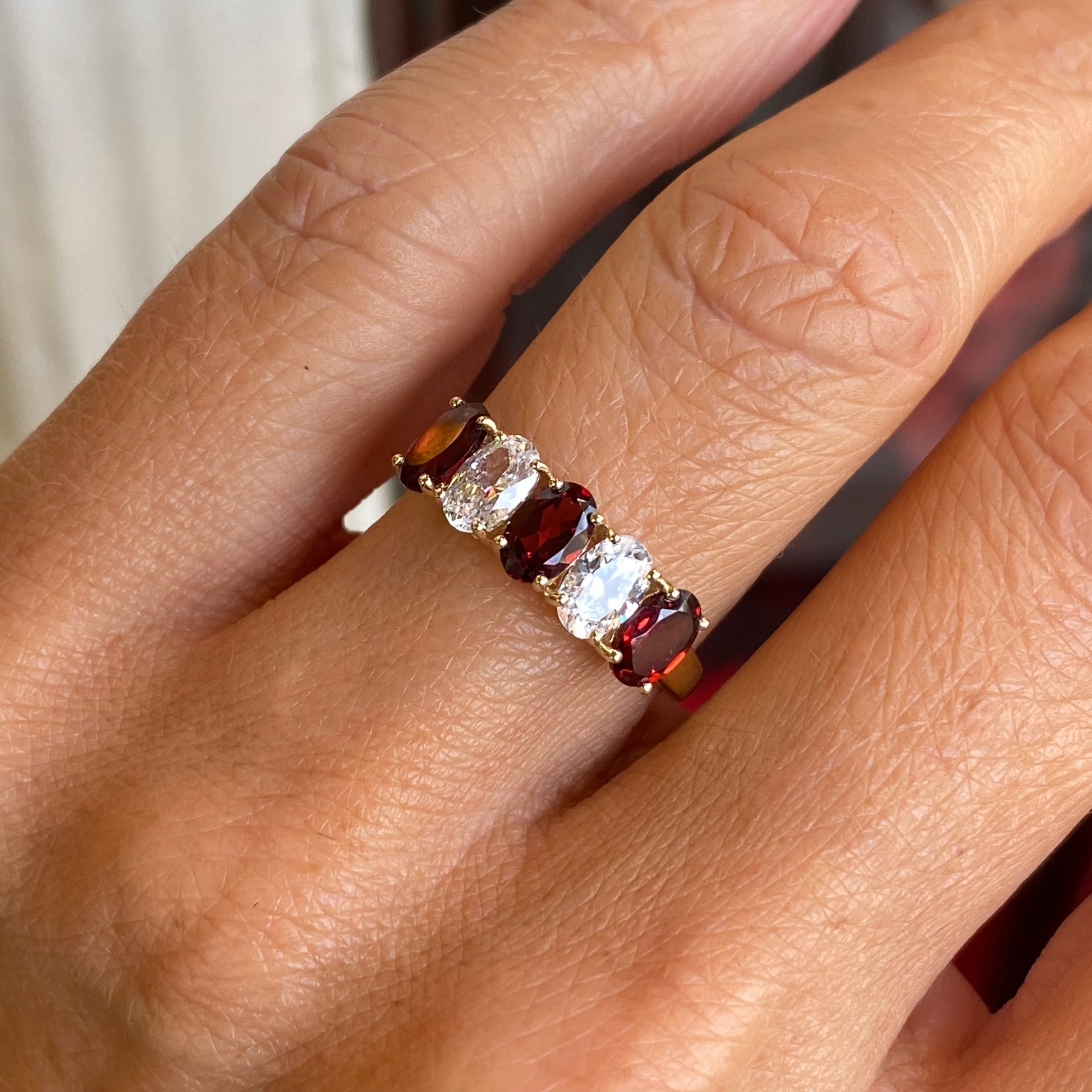 9ct Gold Oval Five Stone Eternity Ring - Garnet & CZ - John Ross Jewellers