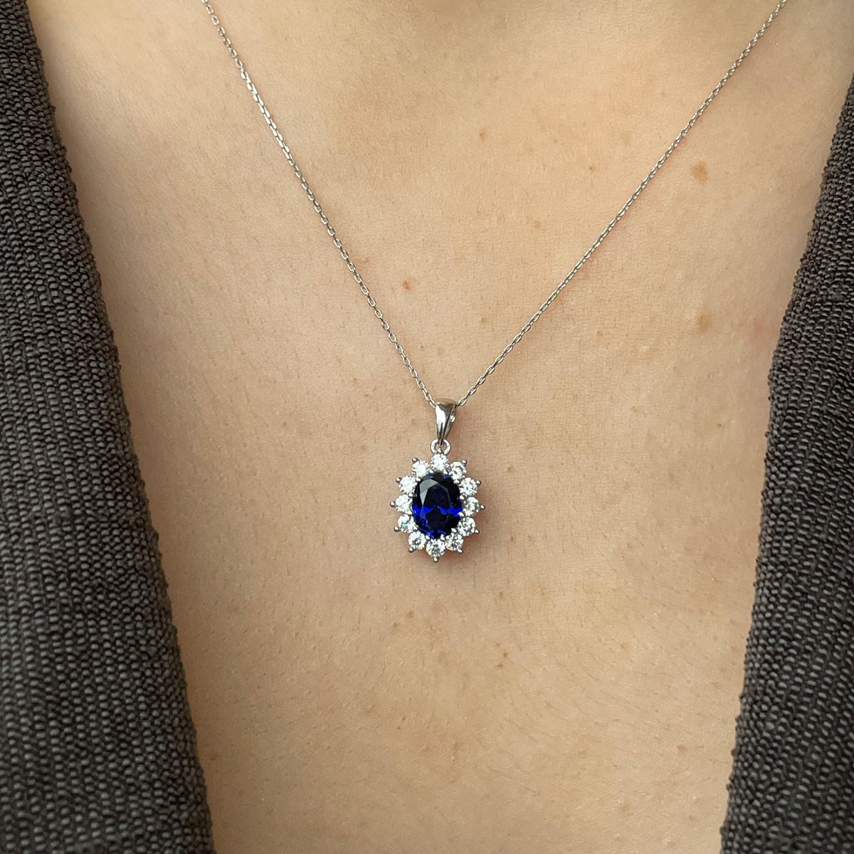 9ct White Gold Created Sapphire & CZ Pendant Necklace