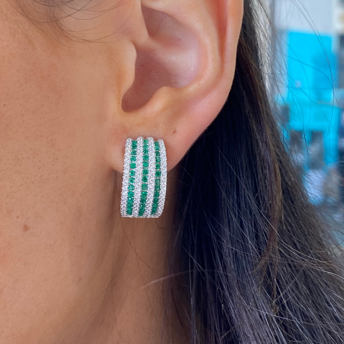 Silver CZ Ribbed J Hoop Earrings | Emerald Green