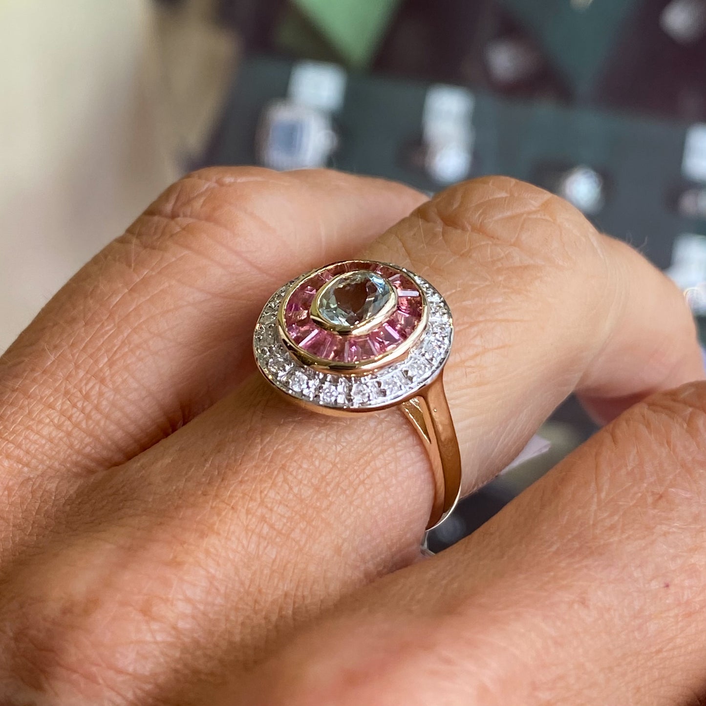 9ct Gold Aquamarine, Pink Tourmaline & Diamond Ring