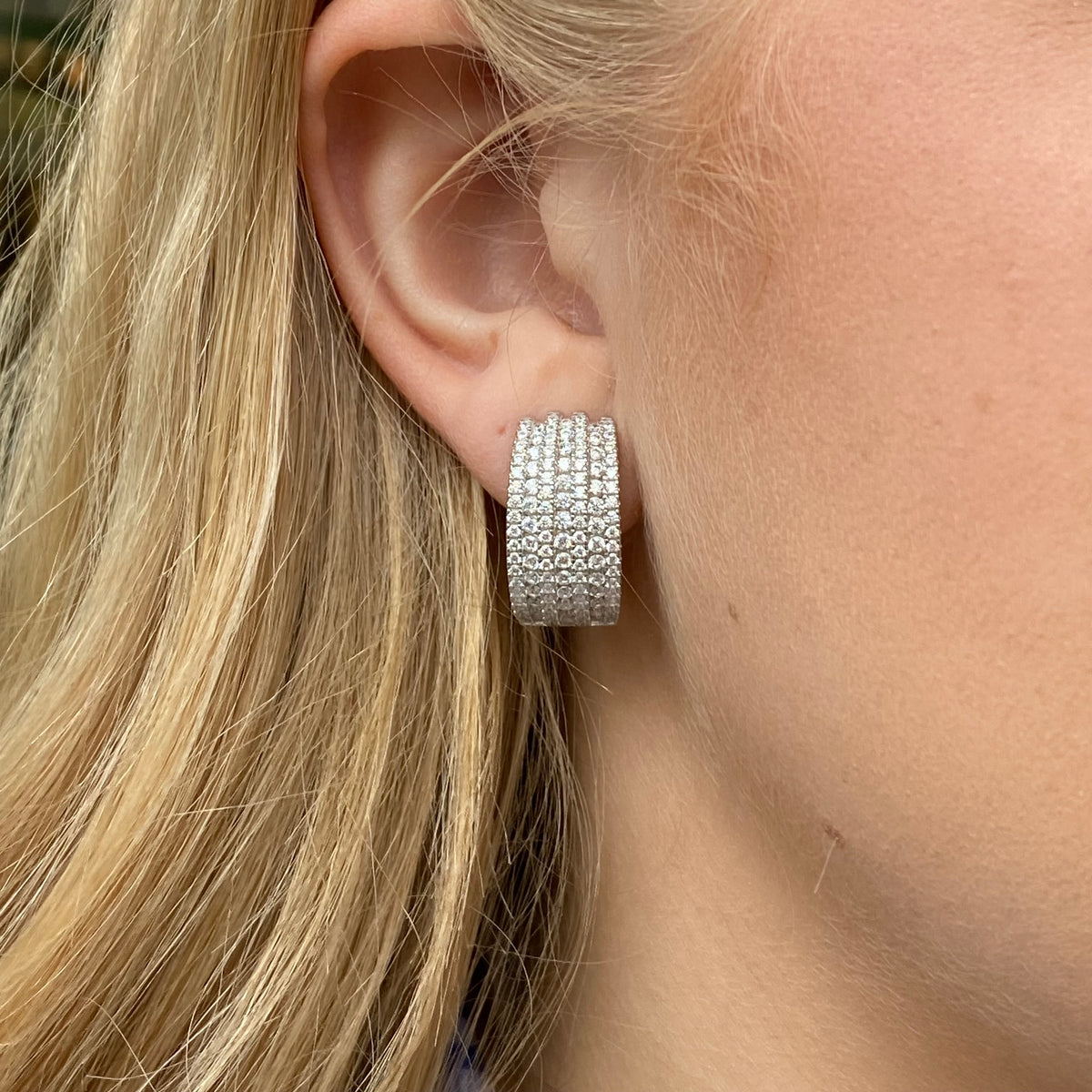 Silver CZ Ribbed J Hoop Earrings