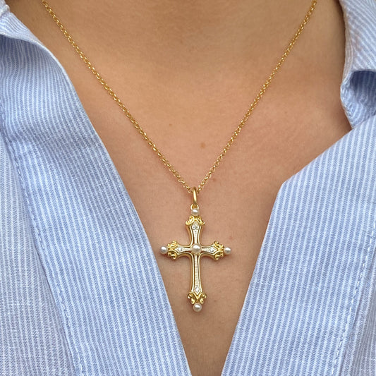 SUNSHINE Pearl & CZ Cross Necklace - John Ross Jewellers