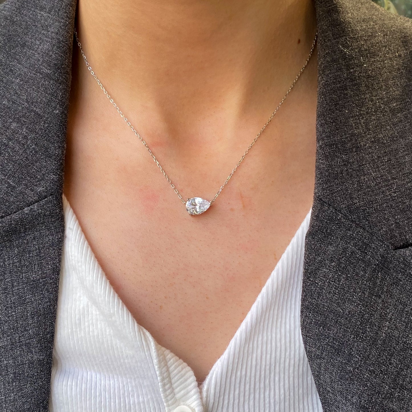 Silver Pear CZ Inline Necklace - John Ross Jewellers