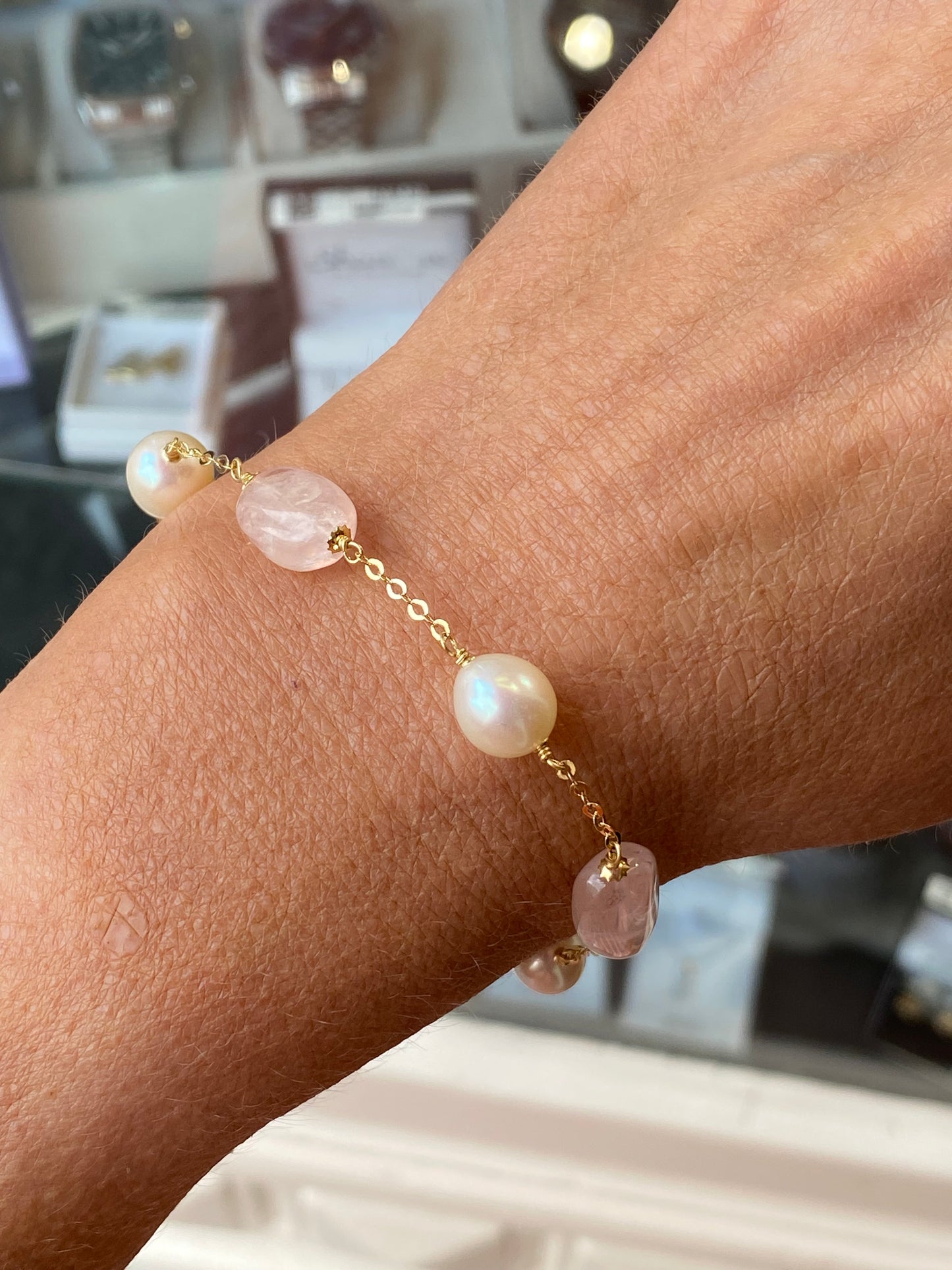 18ct Gold Rose Quartz, Pearl & Chain Bracelet - John Ross Jewellers