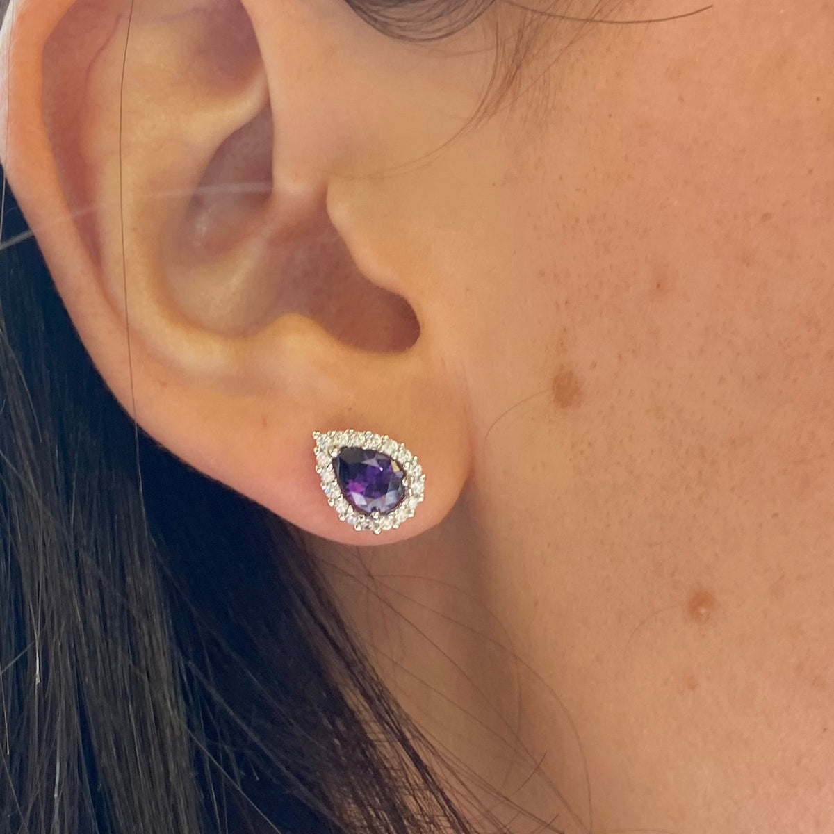 Silver Pear Halo CZ Stud Earrings | Created Amethyst