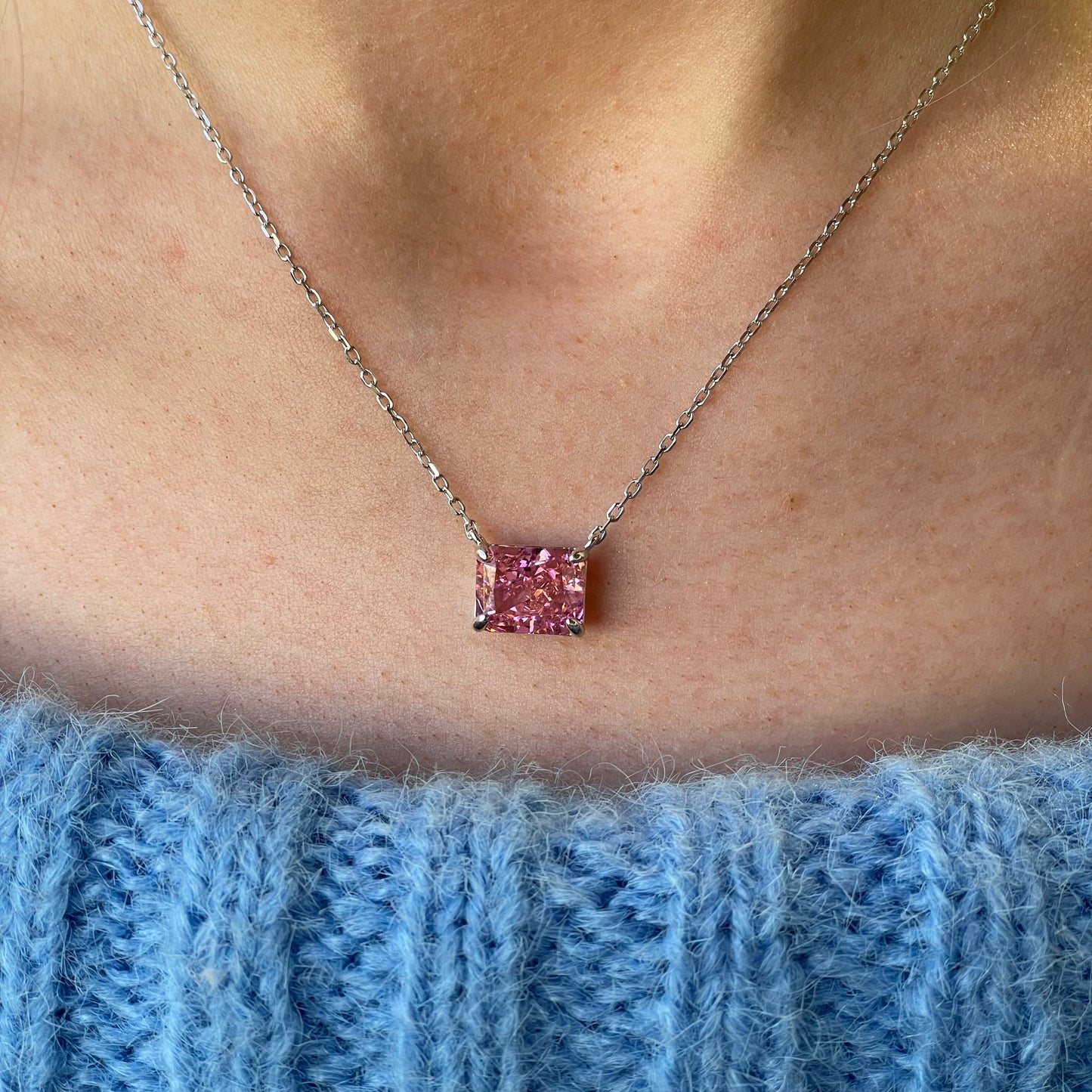 Silver Side To Side CZ Necklace | Vivid Pink 40+5cm - John Ross Jewellers