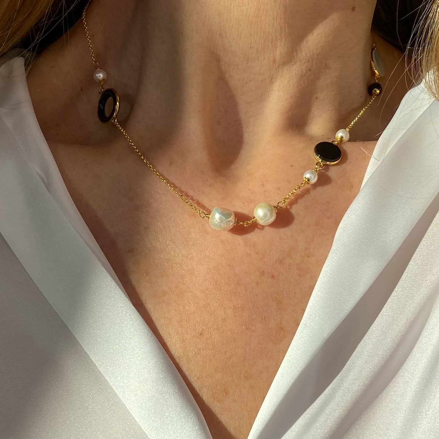 Natural Beauty - Mother of Pearl, Freshwater Pearl & Onyx Necklace | 46cm - John Ross Jewellers