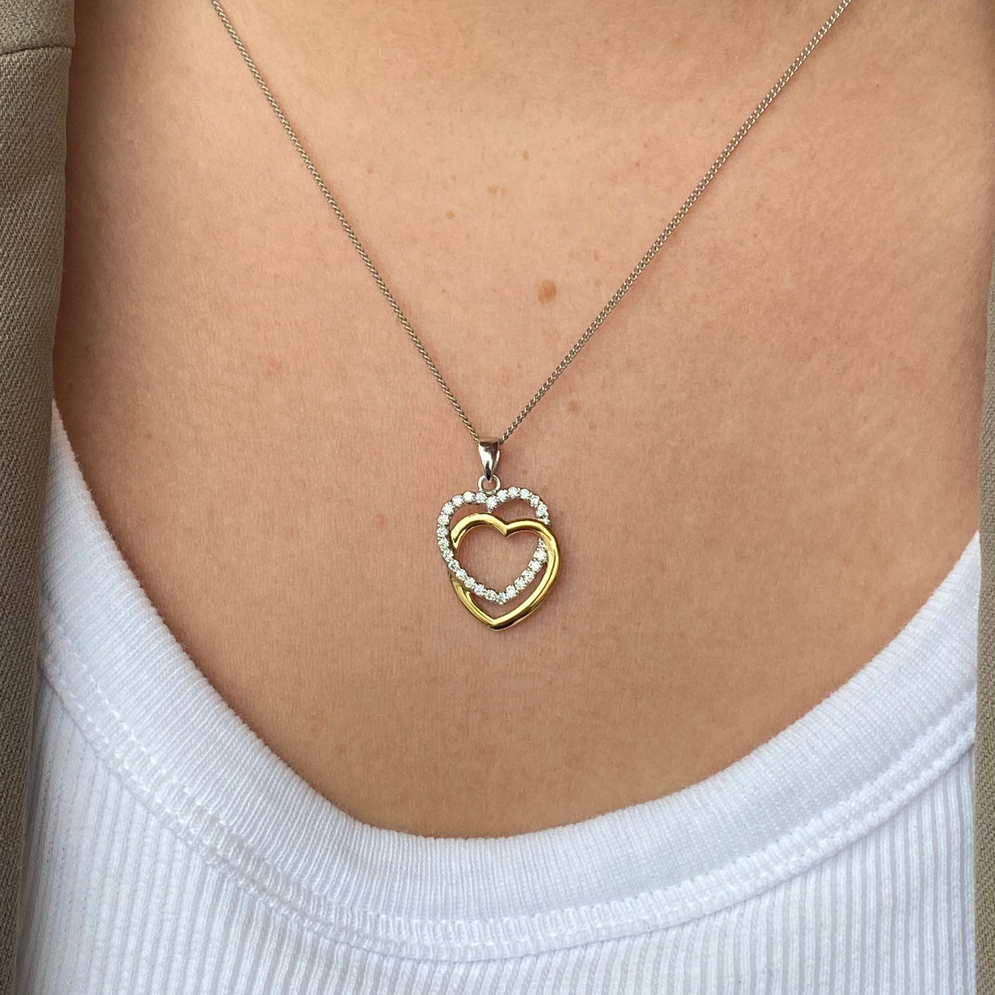 Silver Two Tone CZ Heart Unity Necklace - John Ross Jewellers
