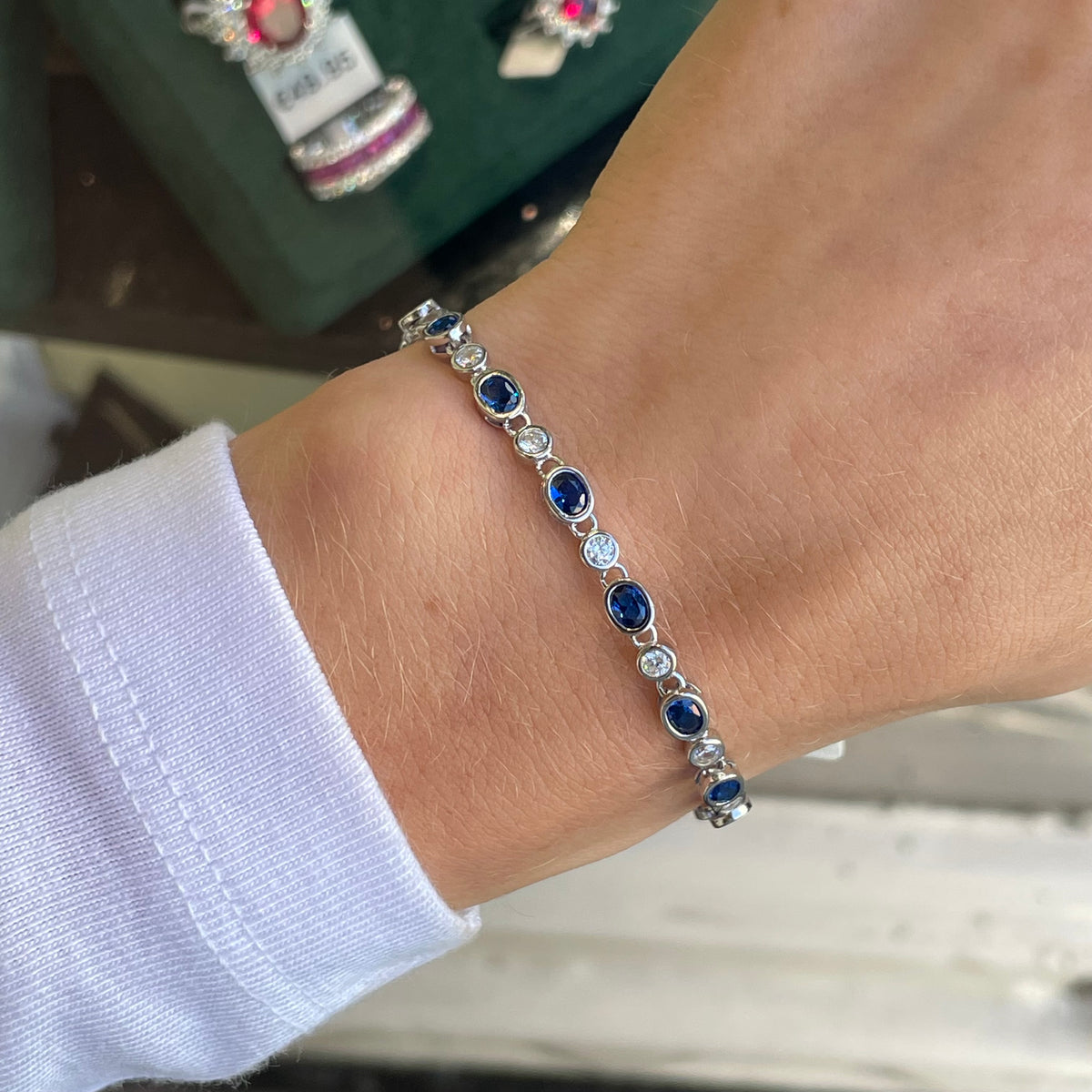 Silver CZ Ovals Line Bracelet | Sapphire Blue