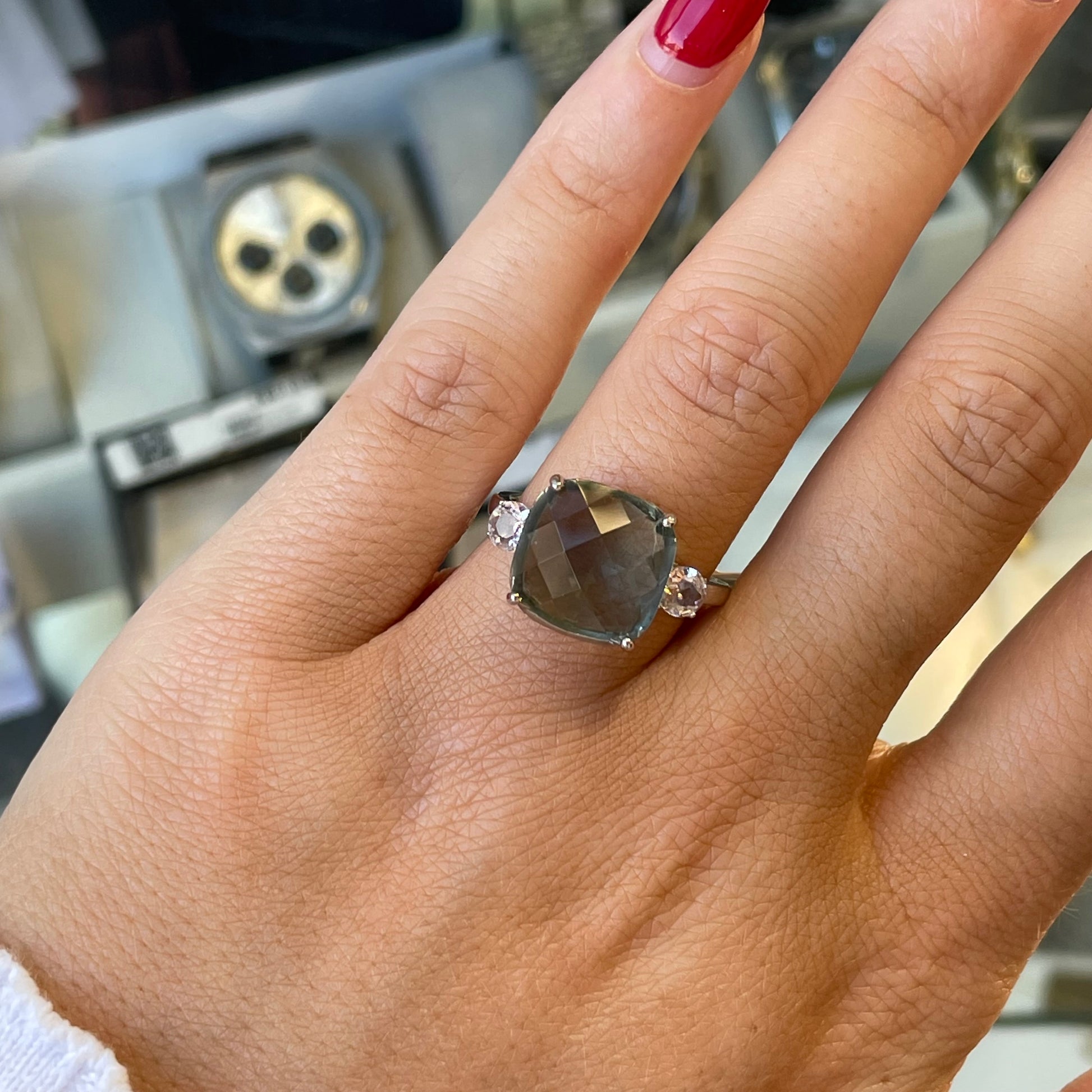 Silver Hydro Green Amethyst & Pink CZ Statement Ring - John Ross Jewellers