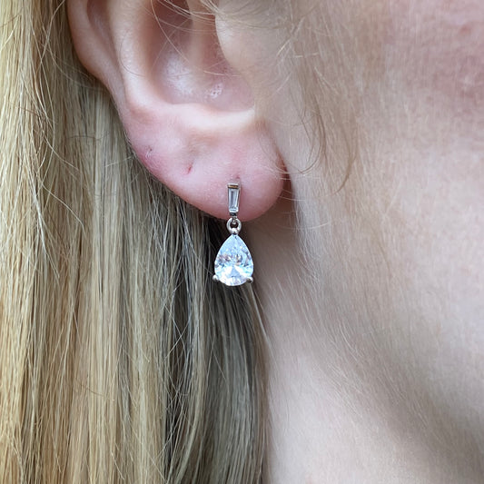 Silver Baguette & Pear CZ Drop Earrings