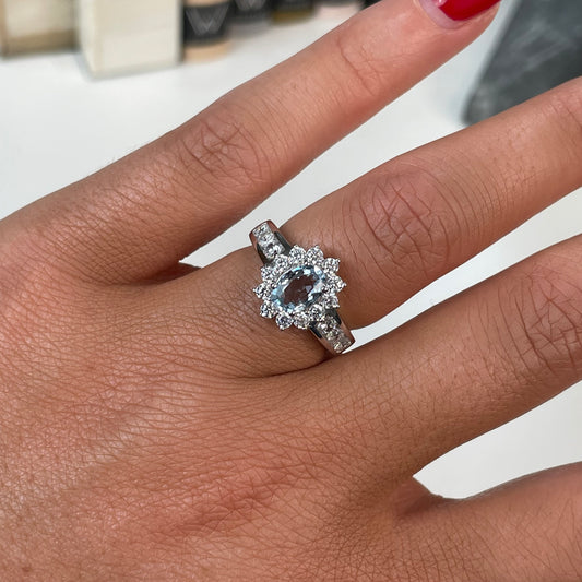 Silver Aqua CZ Diana Ring with Shoulders - John Ross Jewellers