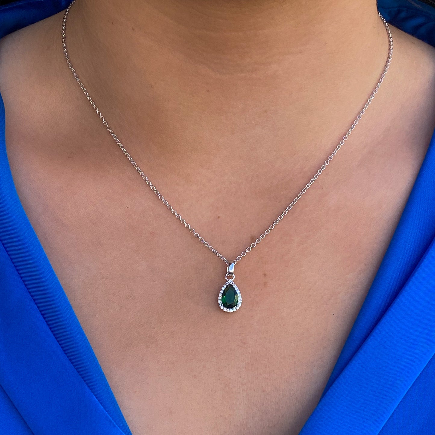 Silver Created Emerald & CZ Pear Pendant Necklace - John Ross Jewellers