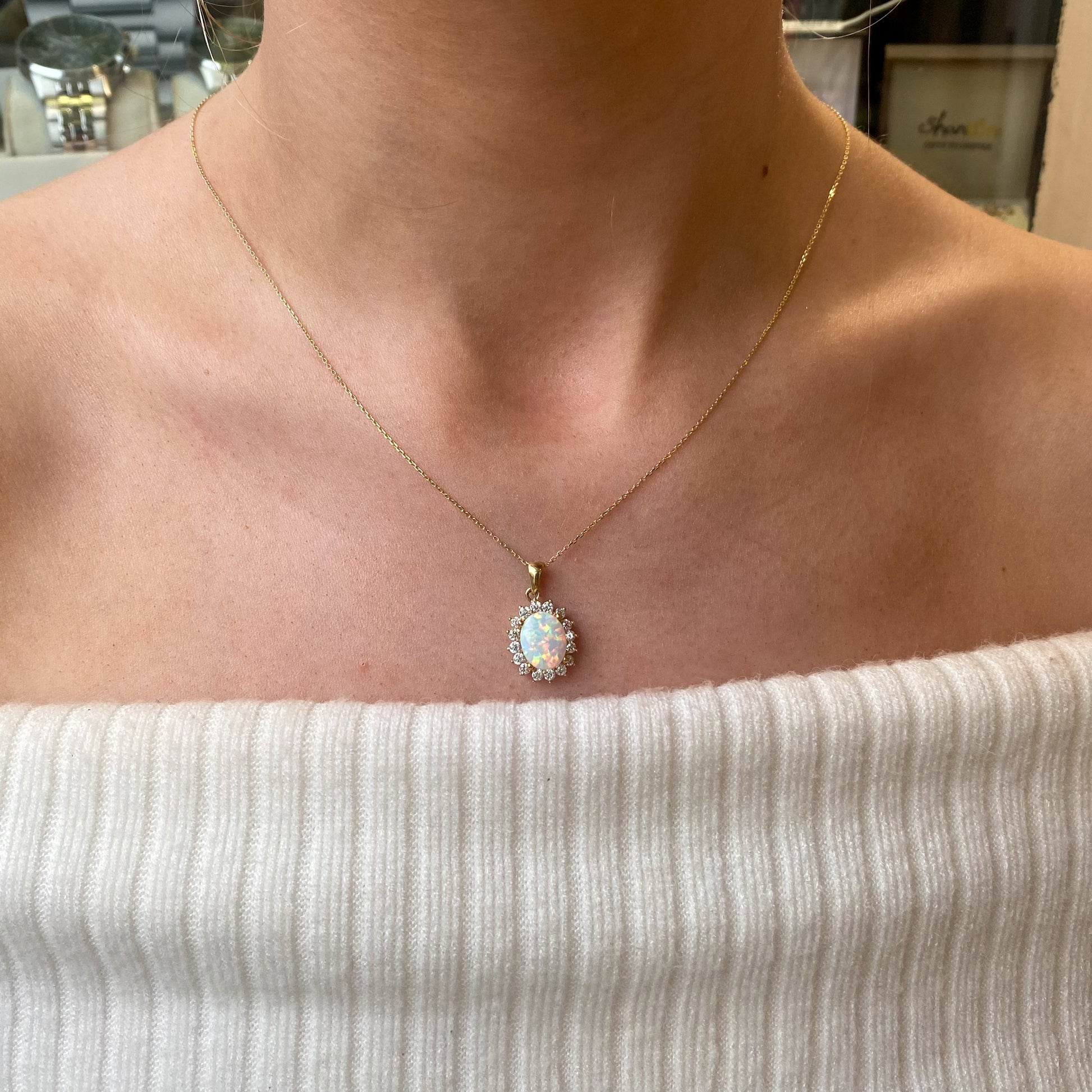 9ct Gold Oval Opalique & CZ Pendant Necklace - John Ross Jewellers