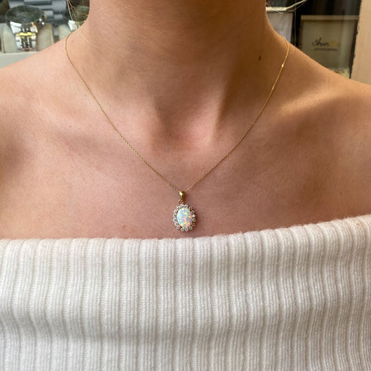 9ct Gold Oval Opalique & CZ Pendant Necklace - John Ross Jewellers
